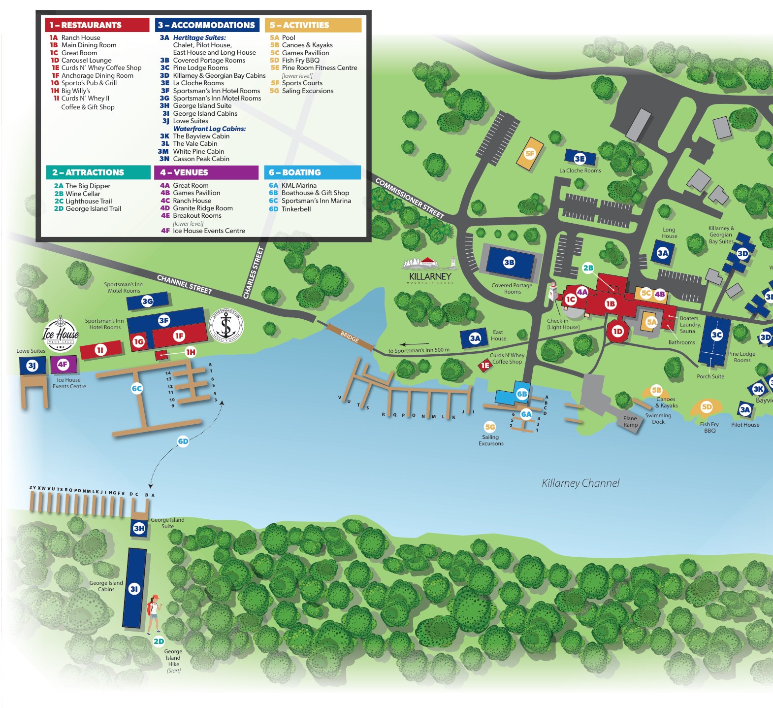 Illustrated map of Killarney Mountain Lodge showing Canada House, restaurants, accommodations, venues, activities and the marina along the Killarney Channel